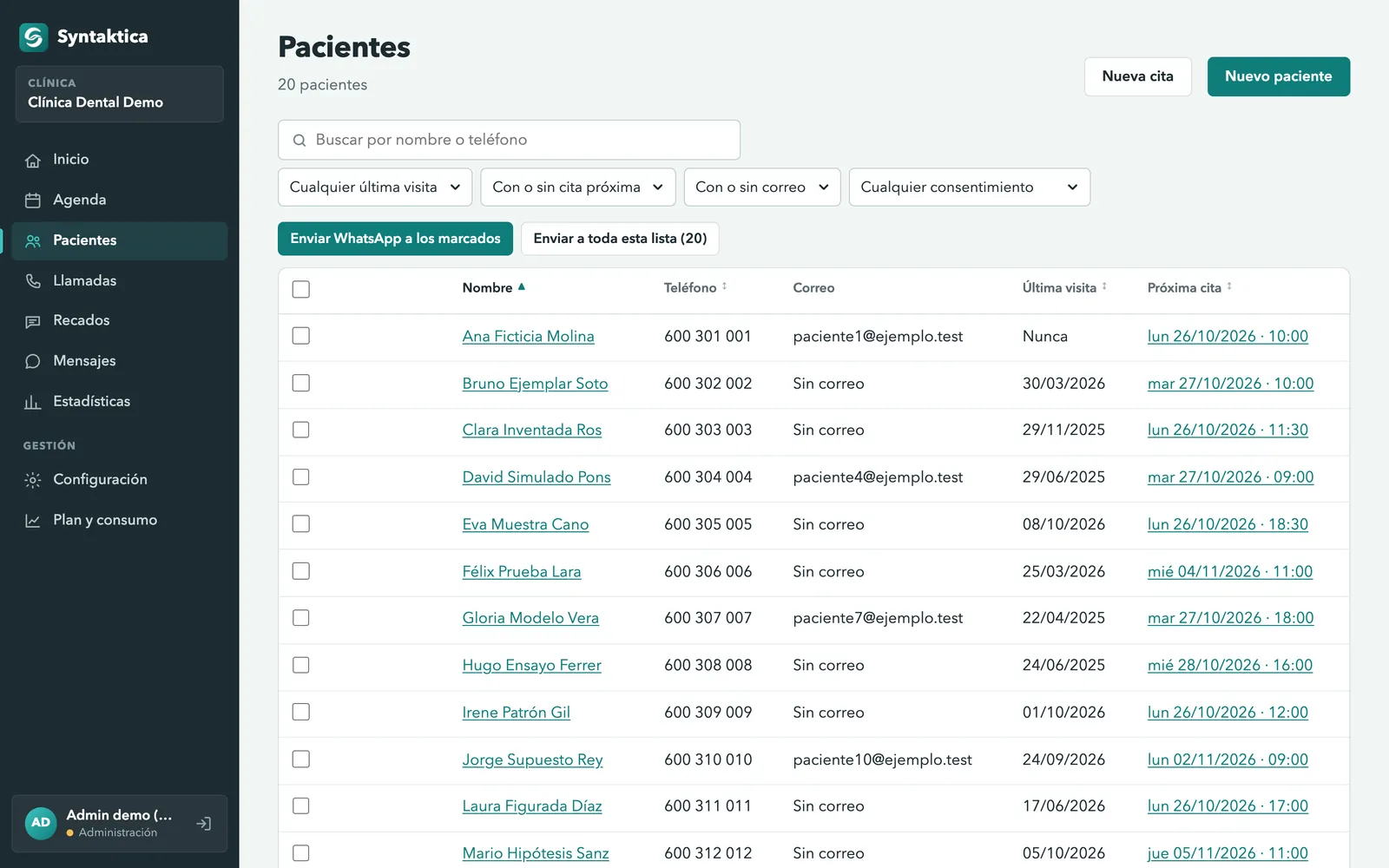 Lista de pacientes inventados con teléfono, correo, última visita y próxima cita, y filtros por consentimiento